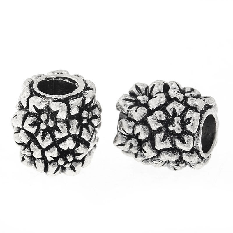 Immagine di 2 Pz Lega di Zinco Perline di Fascino con Foro Grande in Stile Europeo Argento Antico Barile Fiore 11mm x 11mm, Foro:Circa 4.9mm