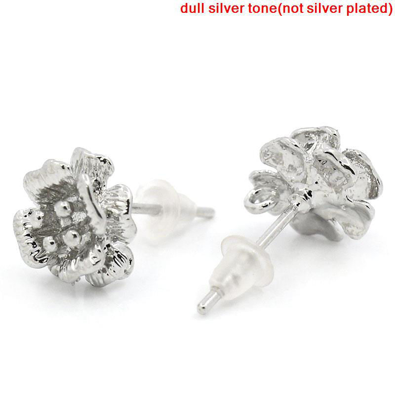 Picture of Brass Ear Post Stud Earrings Findings Flower Silver Tone W/ Loop 17mm( 5/8") x 10mm( 3/8"), Post/ Wire Size: (20 gauge), 10 PCs