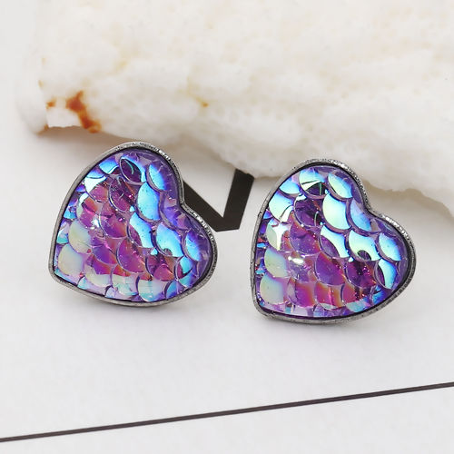 Picture of 304 Stainless Steel & Resin Mermaid Fish/ Dragon Scale Ear Post Stud Earrings Silver Tone Purple Heart AB Color 13mm( 4/8") x 13mm( 4/8"), Post/ Wire Size: (20 gauge), 1 Pair”