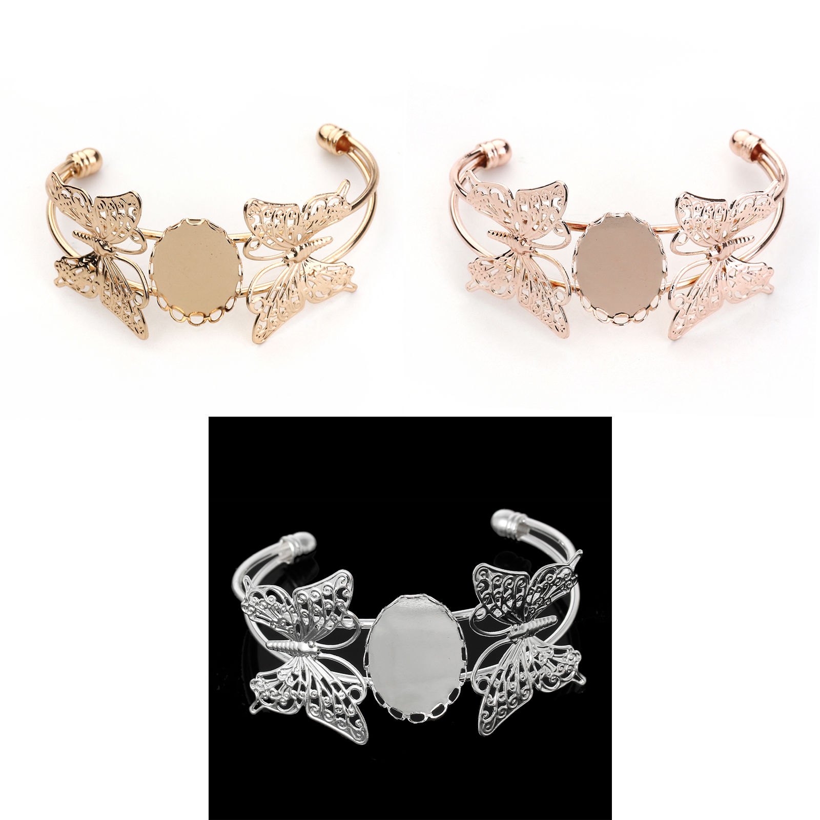 Picture of Brass Filigree Stamping Open Cuff Bangles Bracelets Butterfly Cabochon Settings
