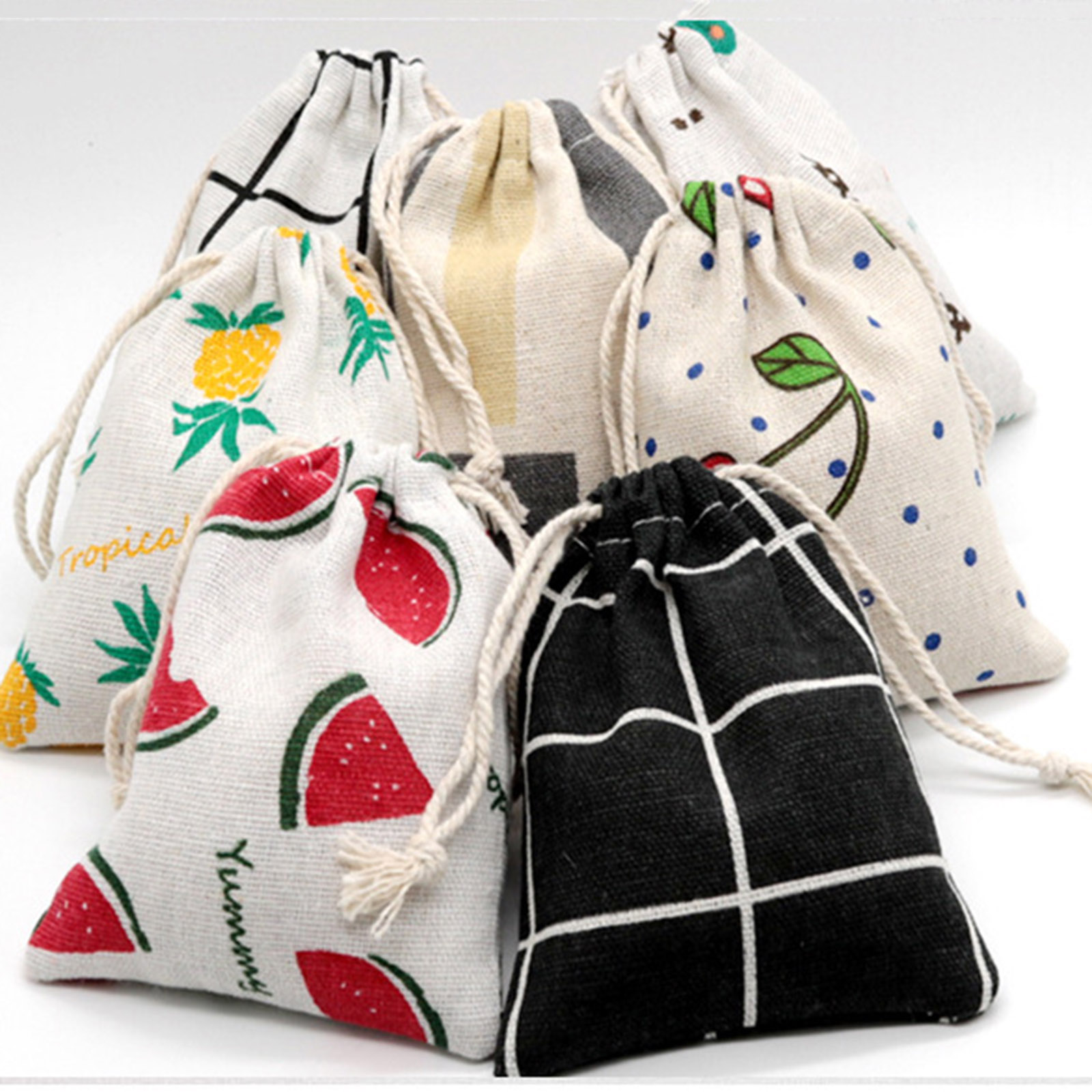 Picture of Cotton Cloth Drawstring Bags Rectangle Light Khaki Leaf (Usable Space: Approx 11x10cm) 14cm(5 4/8") x 10cm(3 7/8"), 5 PCs