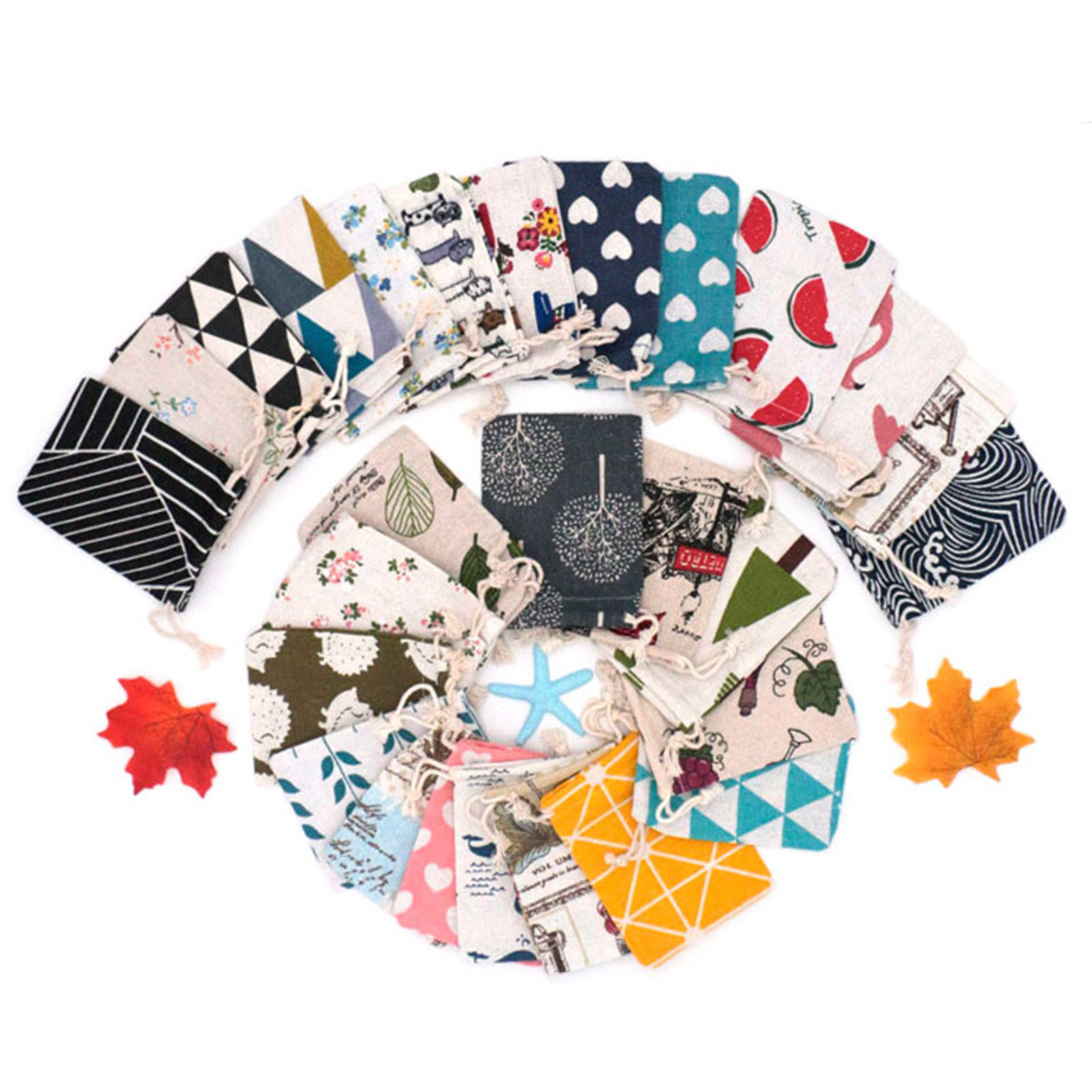 Picture of Cotton Cloth Drawstring Bags Rectangle Light Khaki Leaf (Usable Space: Approx 11x10cm) 14cm(5 4/8") x 10cm(3 7/8"), 5 PCs