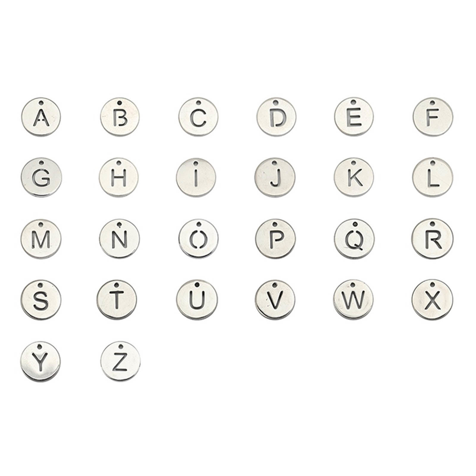 Picture of 304 Stainless Steel Charms Round Silver Tone Initial Alphabet/ Capital Letter Message " A " Hollow 10mm( 3/8") Dia., 5 PCs