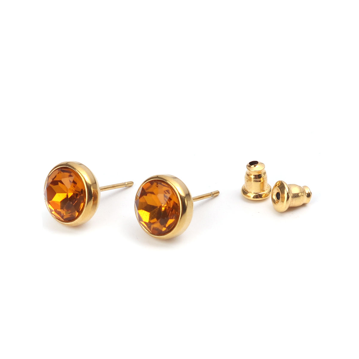 Picture of November Birthstone - Stainless Steel Ear Post Stud Earrings Gold Plated Round Orange Rhinestone 10mm Dia., Post/ Wire Size: (20 gauge), 2 PCs