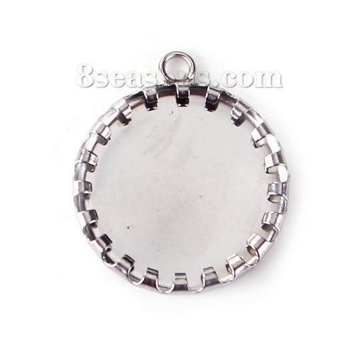 Picture of Stainless Steel Charms Round Silver Tone Cabochon Settings (Fits 14mm Dia.) 20mm( 6/8") x 17mm( 5/8"), 20 PCs
