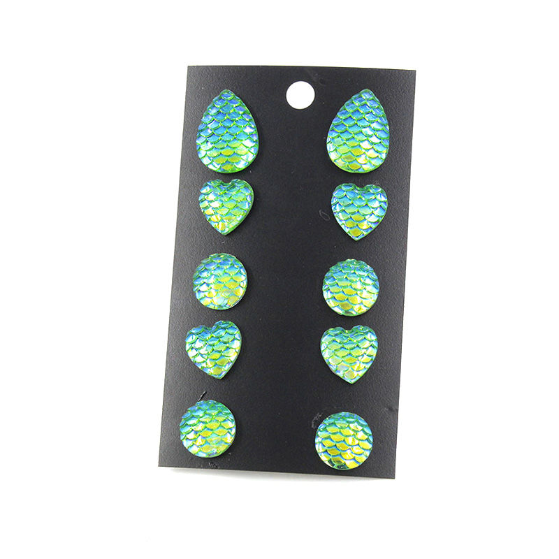 Picture of Stainless Steel Mermaid Fish/ Dragon Scale Ear Post Stud Earrings Silver Tone Green Mixed Fish Scale With Resin Cabochons 18mm x 13mm - 12mm, Post/ Wire Size: (21 gauge), 1 Plate (Approx 5 Pairs/Plate)