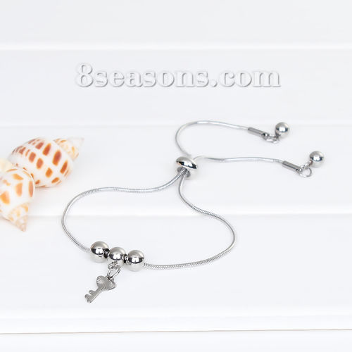 Bild von 304 Edelstahl Einstellbares Slider/ Slide Armband Schieberarmband Silberfarbe Rund Schlüssel 24cm lang, 1 Stück