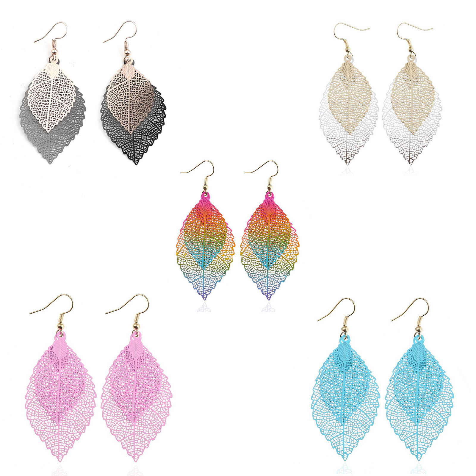 Picture of Stainless Steel Earrings Multicolor Leaf Color Plated 7cm(2 6/8") long, 1 Pair