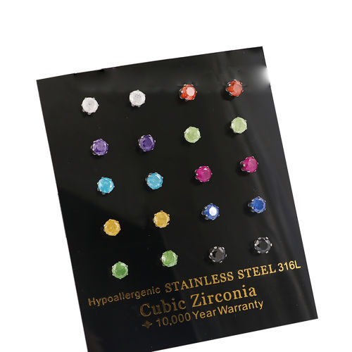 Picture of Stainless Steel & Cubic Zirconia Ear Post Stud Earrings Silver Tone At Random Round 4mm( 1/8") x 3mm( 1/8"), Post/ Wire Size: (21 gauge), 1 Packet (Approx 10 Pairs/Packet)