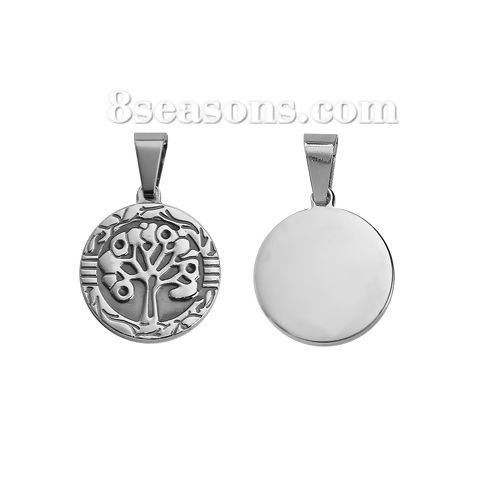 Picture of 316 Stainless Steel Pendants Tree Silver Tone Round Disc 39mm(1 4/8") x 25mm(1"), 1 Piece