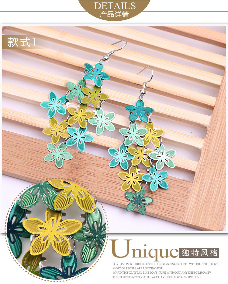 Picture of Brass Earrings Multicolor Flower 65mm x 28mm, 1 Pair