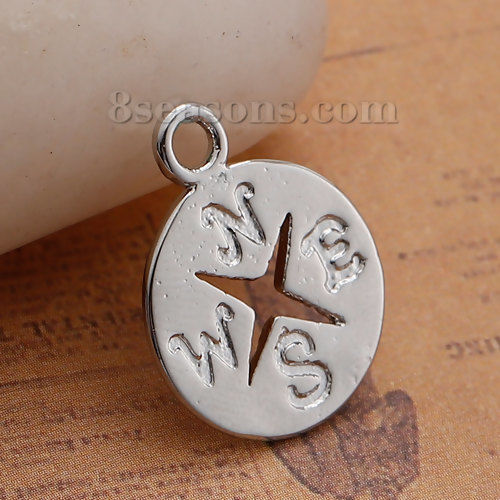 Picture of Brass Charms Round Silver Tone Travel Compass Hollow 19mm( 6/8") x 15mm( 5/8"), 2 PCs