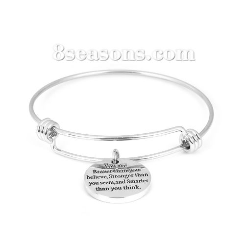 Picture of Stainless Steel Expandable Bangles Bracelets Silver Tone Double Bar Round Message 26cm(10 2/8") long, 1 Piece