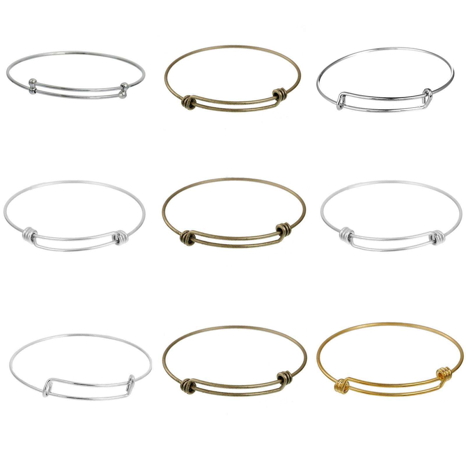 Picture of Brass Expandable Bangle Bracelet, Double Bar, Round Silver Tone Adjustable From 27cm(10 5/8") - 21cm(8 2/8") long, 5 PCs