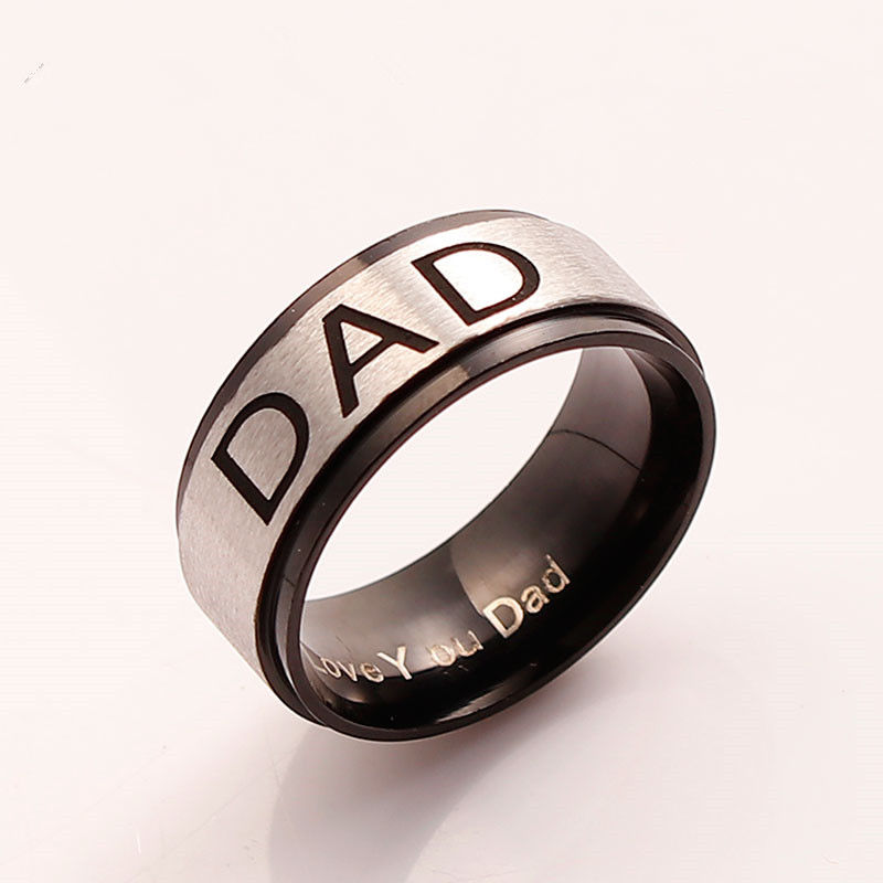 ステンレス鋼 調整不能 リング 指輪 シルバートーン 黒 円形 “ Dad ” 17.5mm（日本サイズ約14.5号）、 1 個 の画像