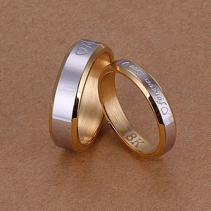 Picture of Titanium Steel Couple Unadjustable Rings Gold Plated & Silver Tone Message " Forever Love "