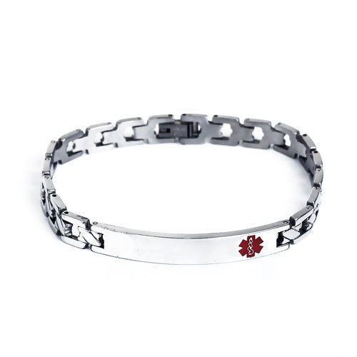 Picture of 304 Stainless Steel Bracelets Silver Tone Red Medical Alert ID Caduceus 21cm(8 2/8") long, 1 Piece