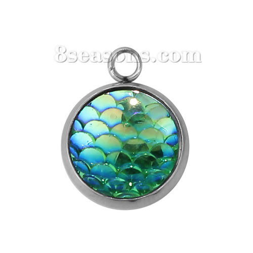 304 樹脂 ピカピカ 人魚柄 ドラゴン柄 チャーム 円形 緑 ABカラー 18mm x 14mm、 10 個” の画像