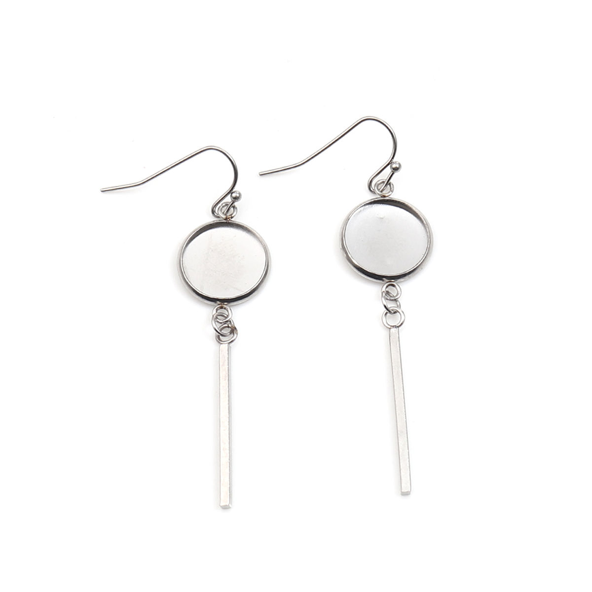 Picture of 304 Stainless Steel Ear Wire Hooks Earring Findings Round Silver Tone Cabochon Settings (Fits 12mm Dia.) 56mm x 14mm, Post/ Wire Size: (21 gauge), 4 PCs