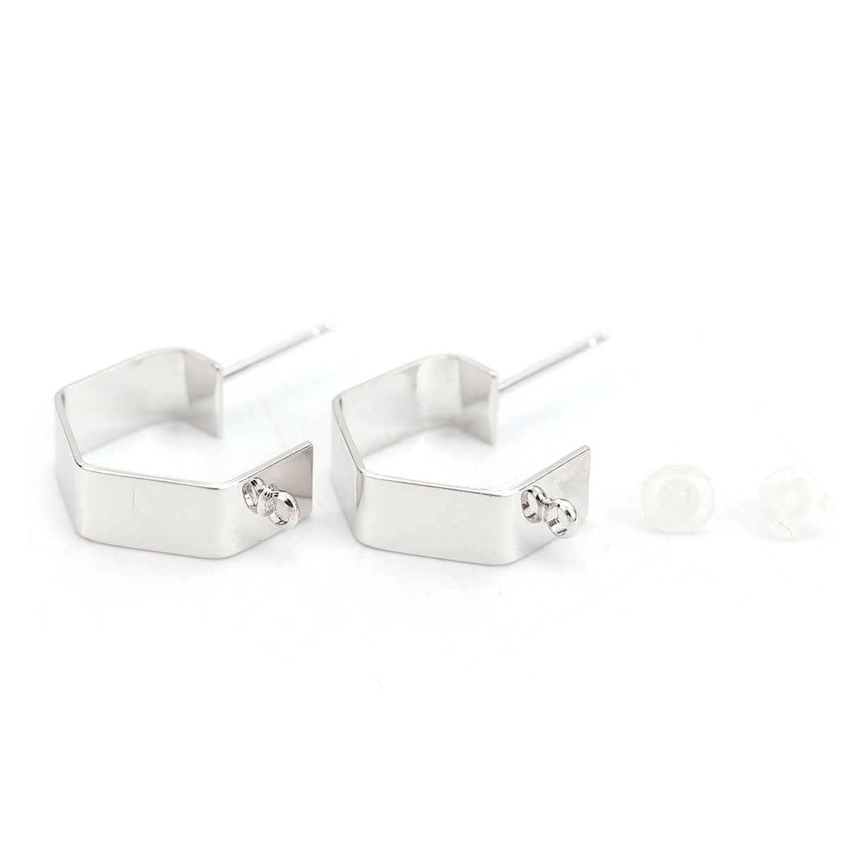 Picture of Brass Ear Post Stud Earrings 18K Platinum Filled Polygon W/ Loop 17mm( 5/8") x 5mm( 2/8"), Post/ Wire Size: (20 gauge), 4 PCs