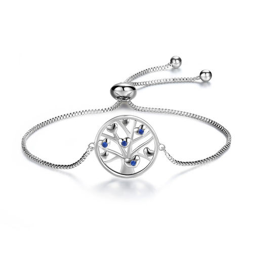 Picture of Brass & Cubic Zirconia Adjustable Slider/ Slide Bolo Bracelets Silver Tone Blue Round Tree 24cm(9 4/8") long, 1 Piece