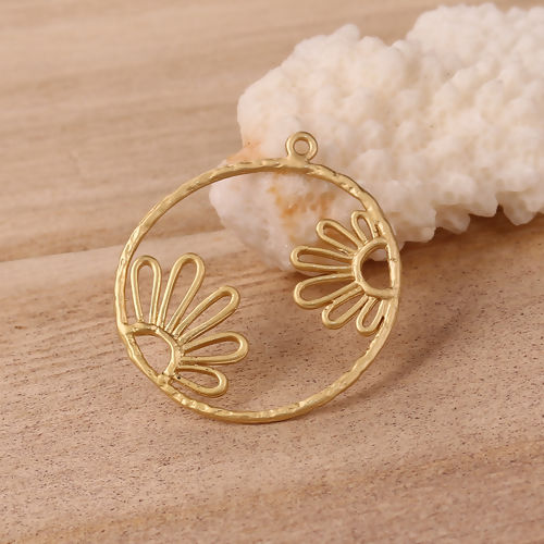Image de Breloques en Laiton Rond Mat Fleurs