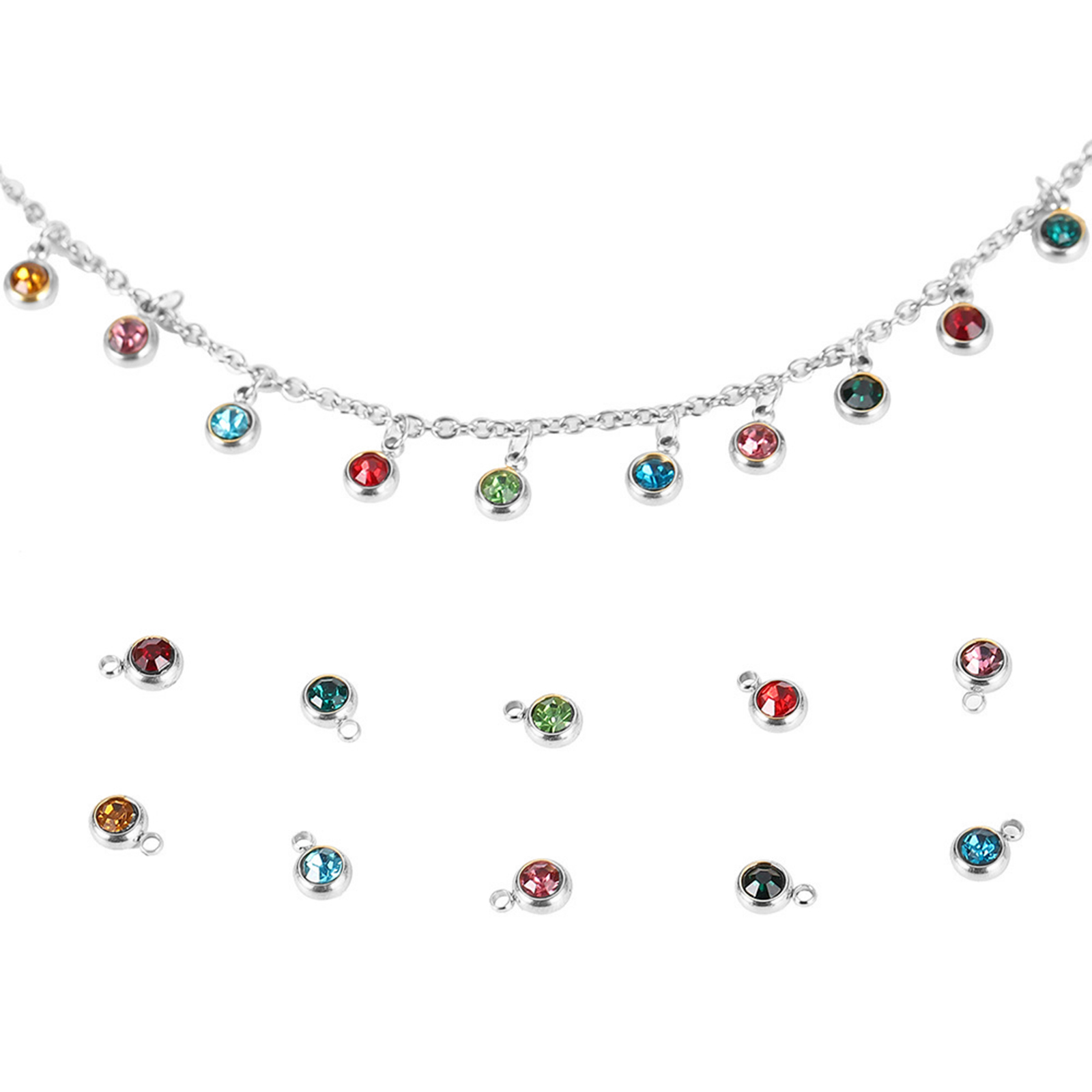 Immagine di 304 Acciaio Inossidabile & Vetro Charms Tondo Tono Argento Rosso Sfaccettato 8mm x 6mm, 20 Pz