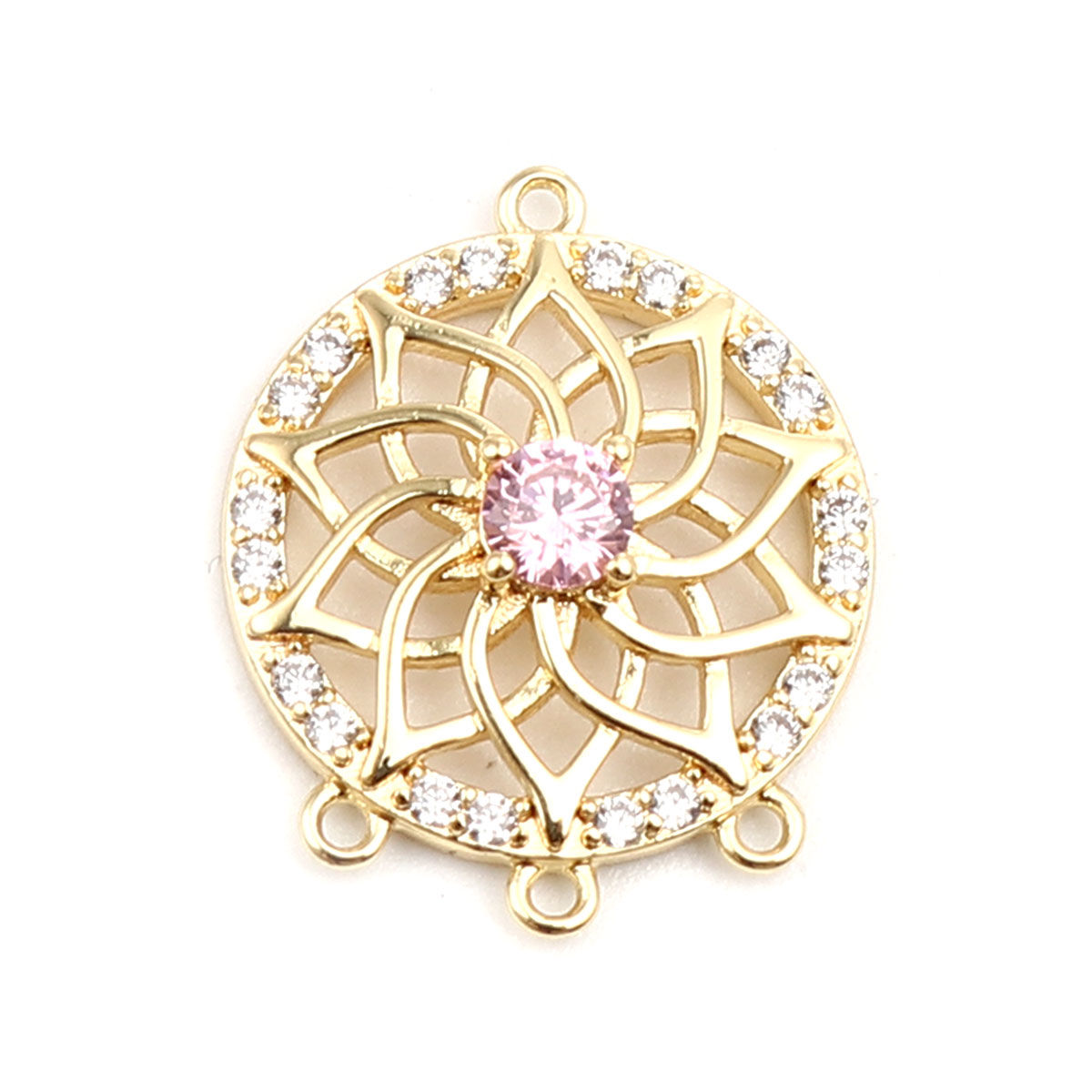Picture of Brass Connectors Round 18K Gold Filled Flower Pink Rhinestone 18mm x 15mm, 2 PCs