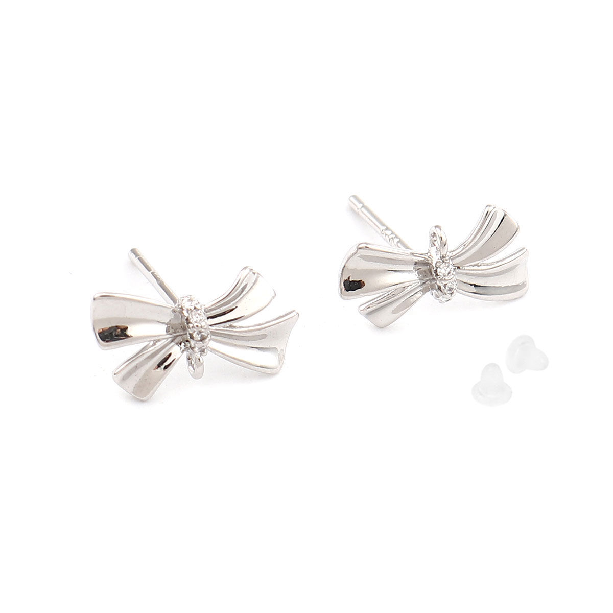 Bild von Messing Ohrring Ohrstecker 18K Echt Platin plattiert Fliege Transparent Strass 13mm x 8mm, Drahtstärke: (21 gauge), 2 Stück