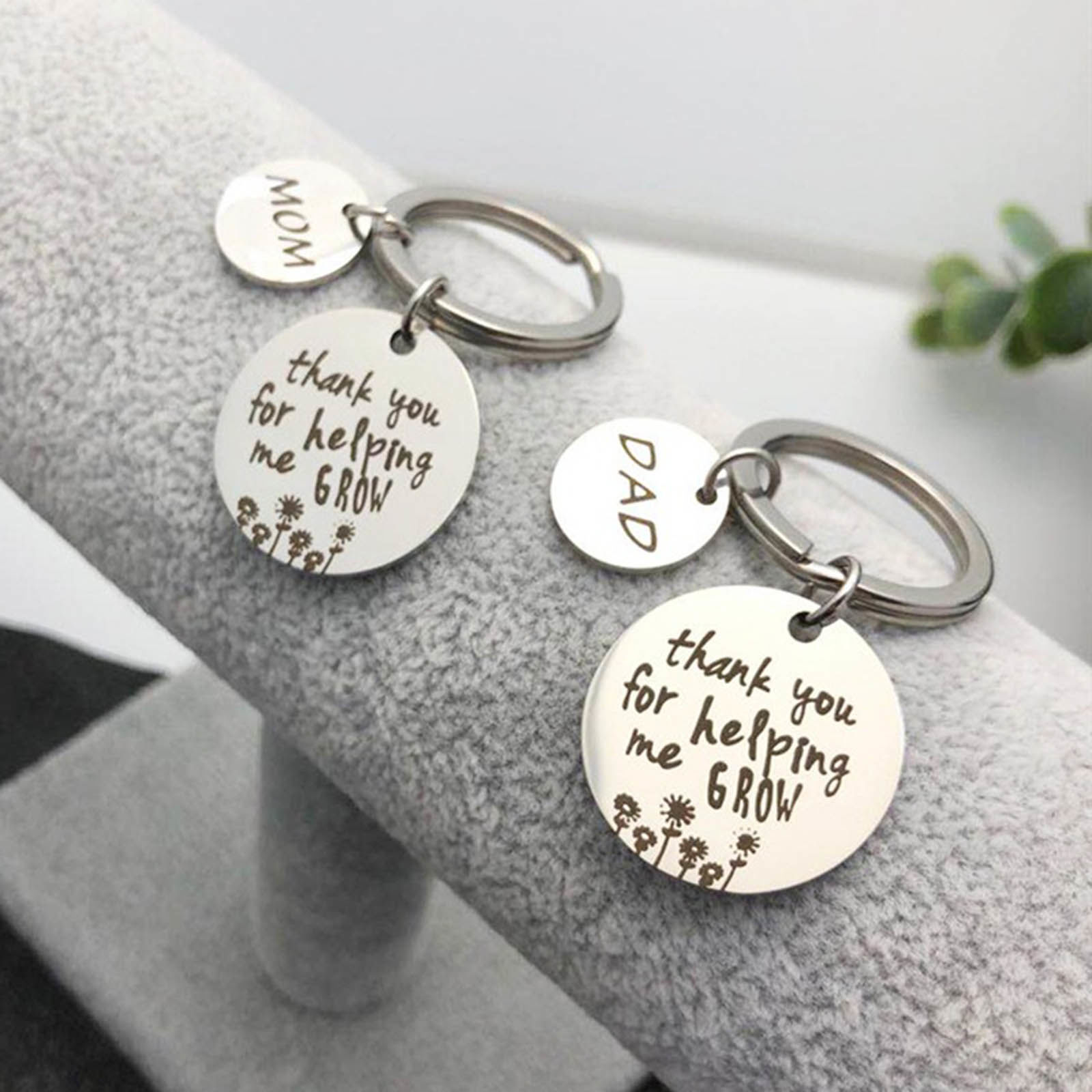 Imagen de 304 Acero Inoxidable Llaveros Ronda Tono de Plata Mensaje " MOM thank you for helping me grow " 25mm Diámetro, 1 Unidad