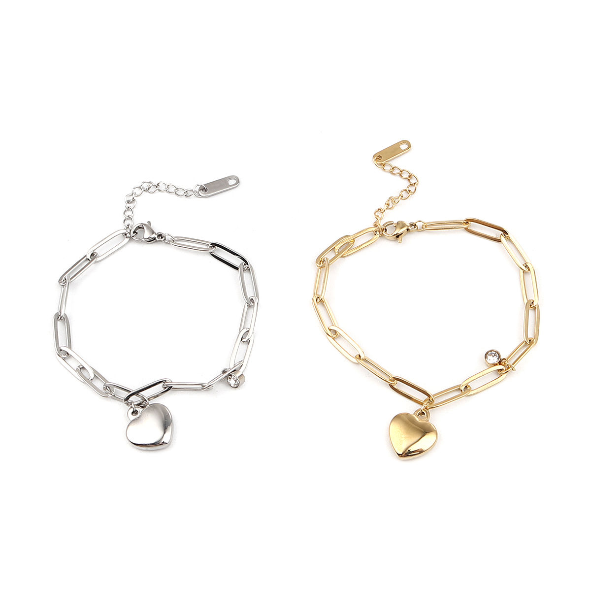 Bild von Stainless Steel Bracelets Gold Plated Oval Heart Clear Cubic Zirconia 16.5cm(6 4/8") long, 1 Piece