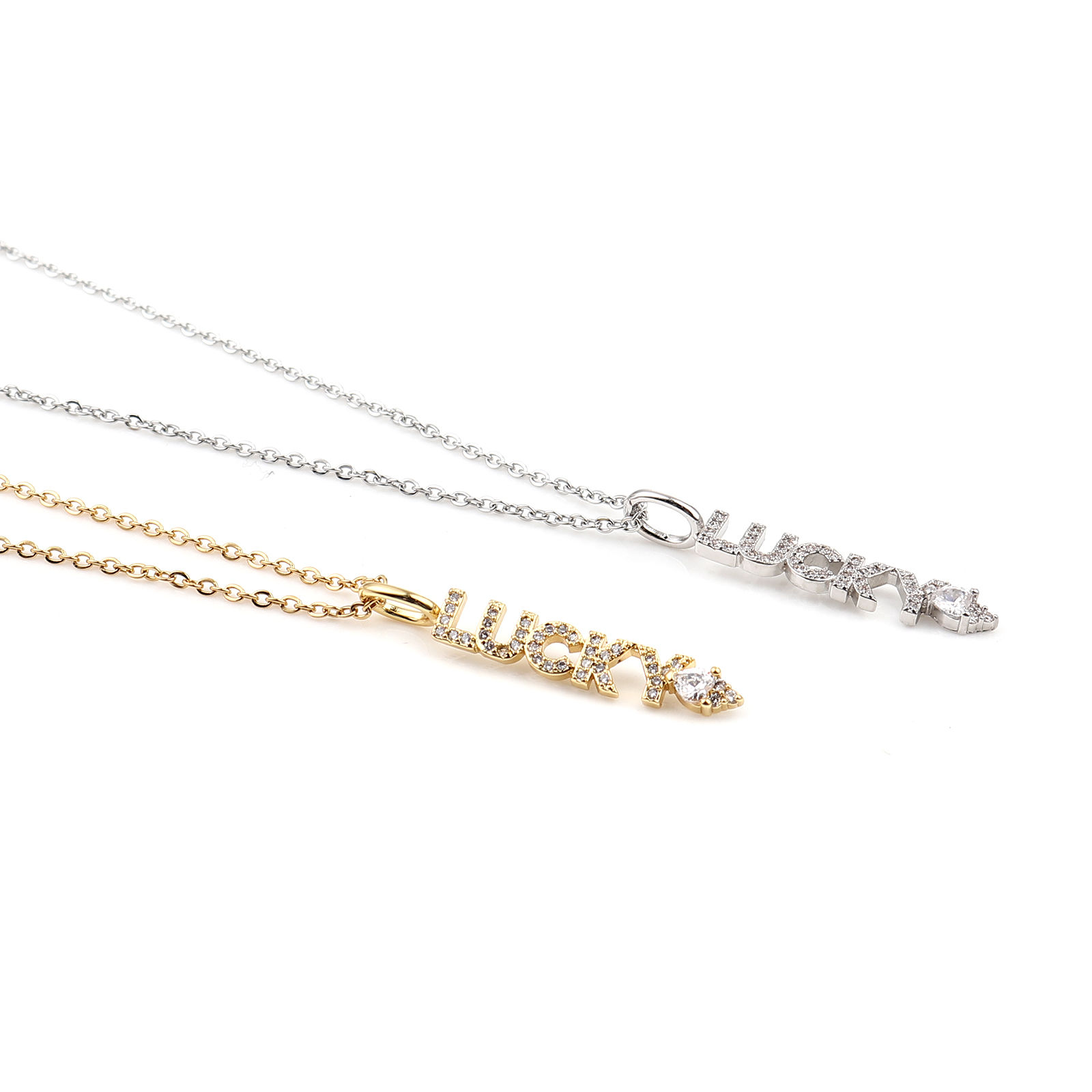 Bild von Stainless Steel & Copper Necklace Gold Plated Message " Lucky " Clear Cubic Zirconia 44cm(17 3/8") long, 1 Piece