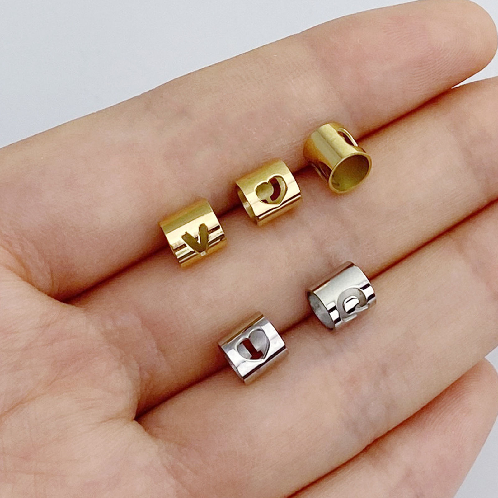 Picture of 304 Stainless Steel Beads Cylinder Silver Tone Initial Alphabet/ Capital Letter 6mm x 6mm, 2 PCs