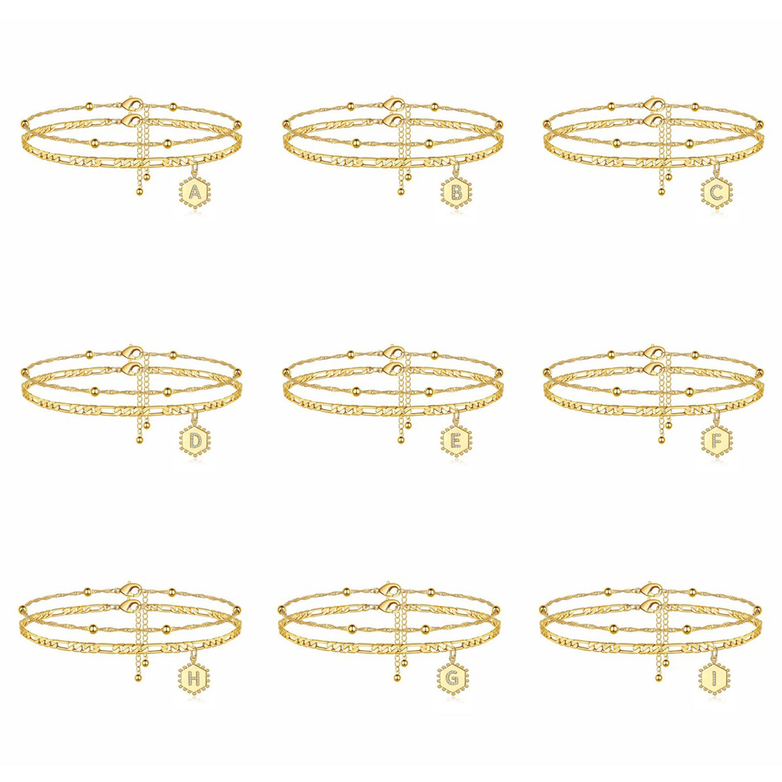 Picture of Copper Anklet 14K Real Gold Plated Hexagon Initial Alphabet/ Capital Letter Clear Rhinestone 21.5cm(8 4/8") long, 1 Set ( 2 PCs/Set)