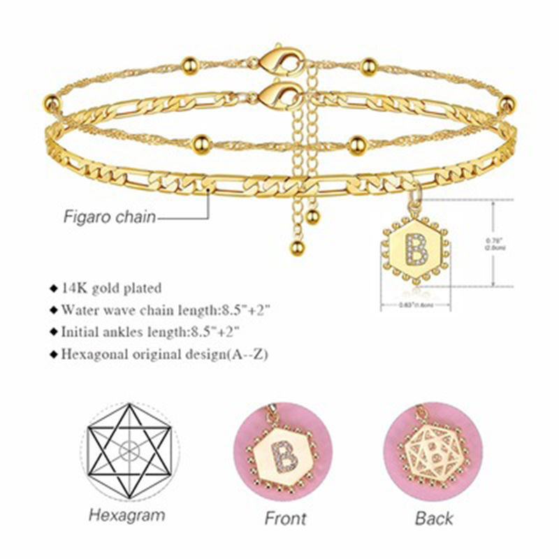Picture of Copper Anklet 14K Real Gold Plated Hexagon Initial Alphabet/ Capital Letter Clear Rhinestone 21.5cm(8 4/8") long, 1 Set ( 2 PCs/Set)