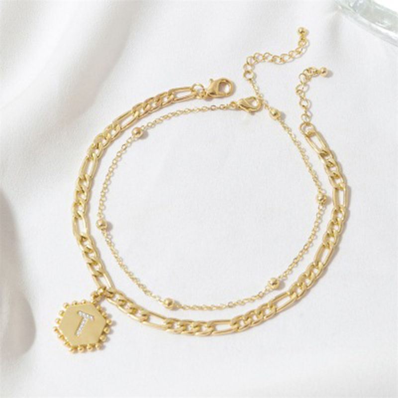 Picture of Copper Anklet 14K Real Gold Plated Hexagon Initial Alphabet/ Capital Letter Clear Rhinestone 21.5cm(8 4/8") long, 1 Set ( 2 PCs/Set)
