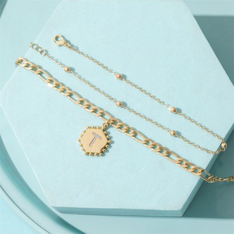 Picture of Copper Anklet 14K Real Gold Plated Hexagon Initial Alphabet/ Capital Letter Clear Rhinestone 21.5cm(8 4/8") long, 1 Set ( 2 PCs/Set)