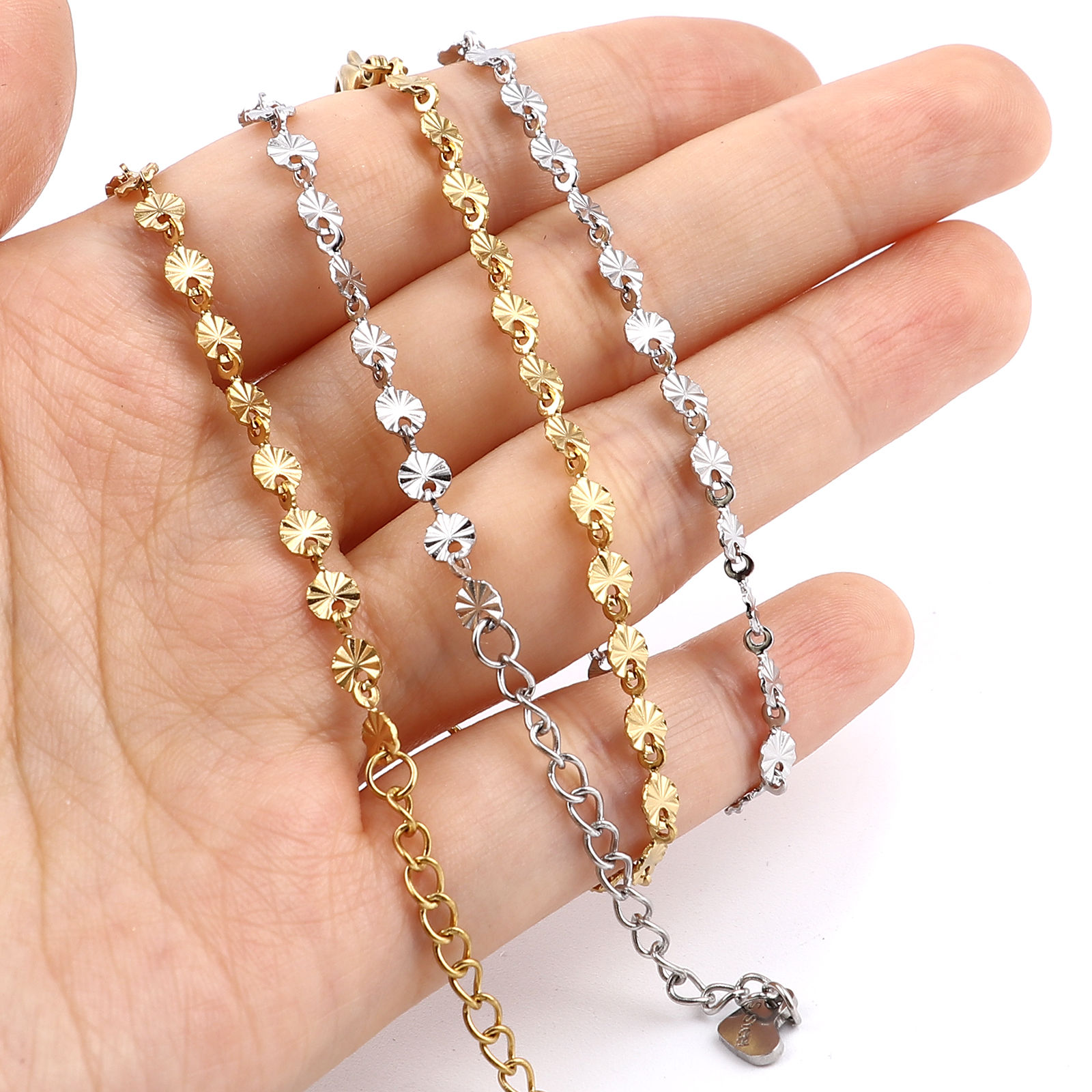 Picture of 1 Piece Vacuum Plating Stainless Steel Anklet Round Carved Pattern 23cm(9") long