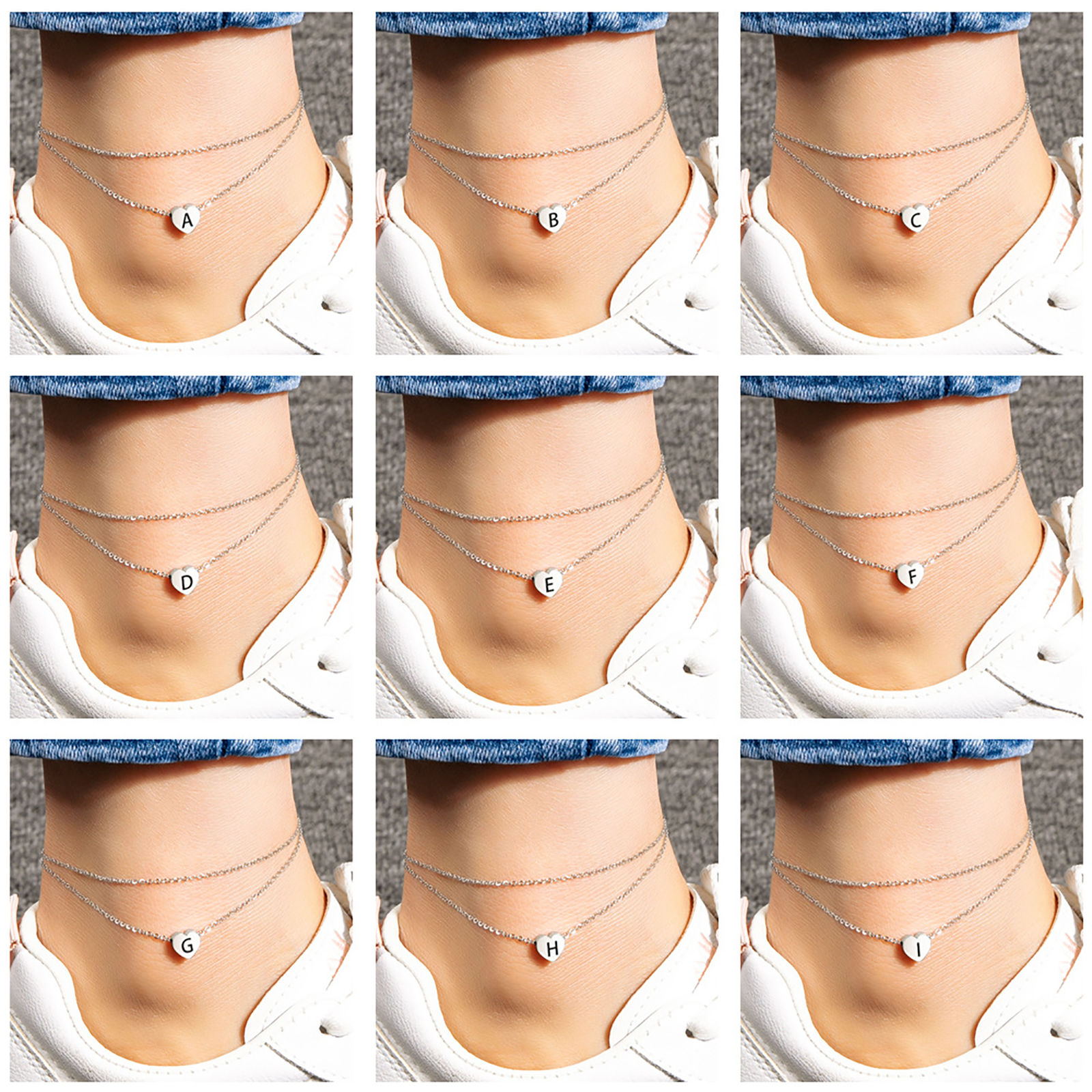 Picture of Stainless Steel Multilayer Layered Anklet Silver Tone Heart Initial Alphabet/ Capital Letter