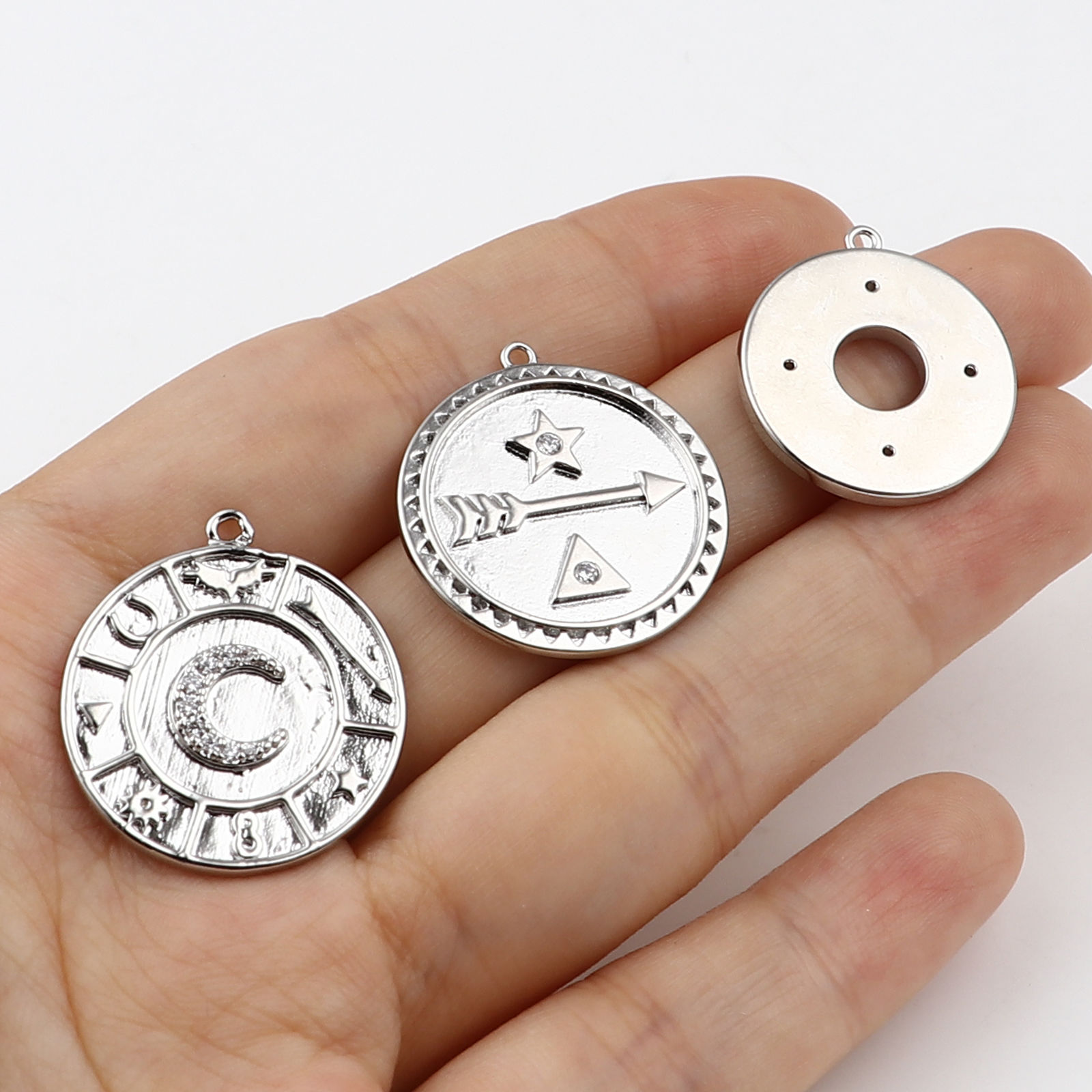 Image de Breloques en Laiton Rond Plaqué Platine Véritable 18K à Strass Transparent 1 Pièce
