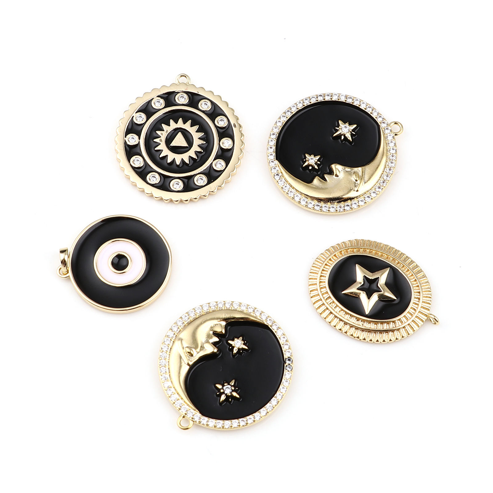 Image de Breloques Galaxie en Laiton Demi Lune Plaqué Or Véritable 18K Noir Etoile Émail 1 Pièce