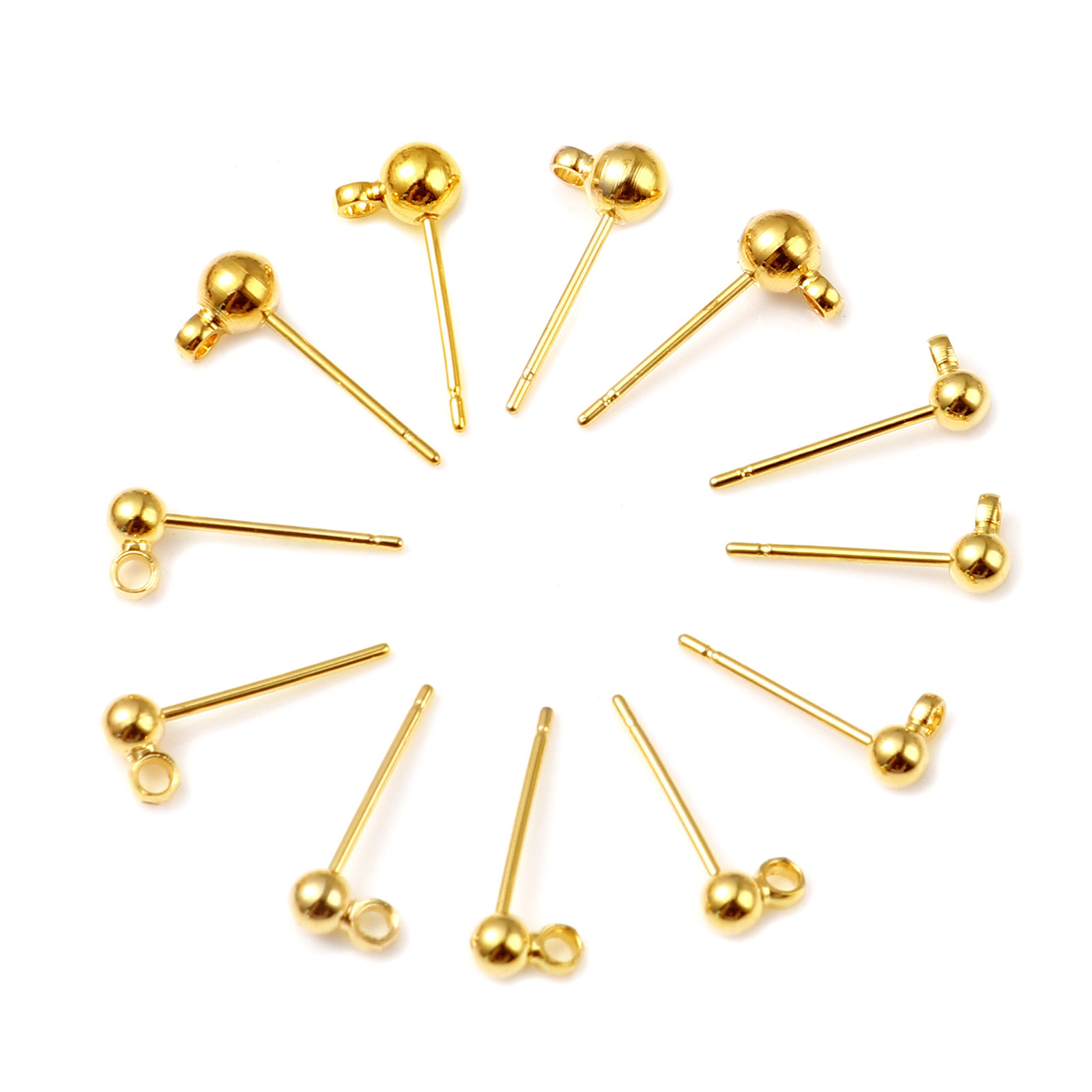 Picture of Brass Ear Post Stud Earrings 18K Real Gold Plated Ball W/ Loop Post/ Wire Size: (21 gauge), 10 PCs