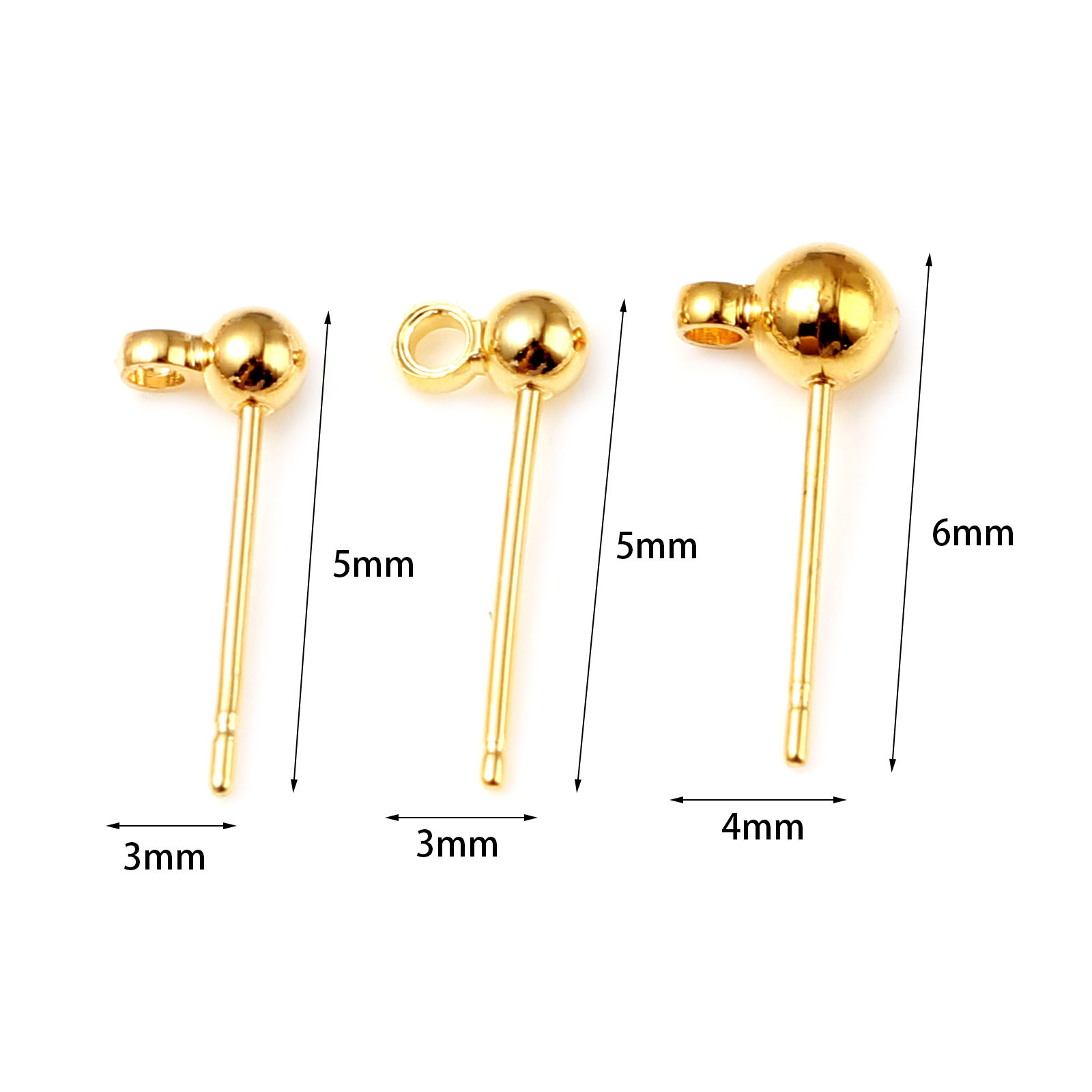 Picture of Brass Ear Post Stud Earrings 18K Real Gold Plated Ball W/ Loop Post/ Wire Size: (21 gauge), 10 PCs
