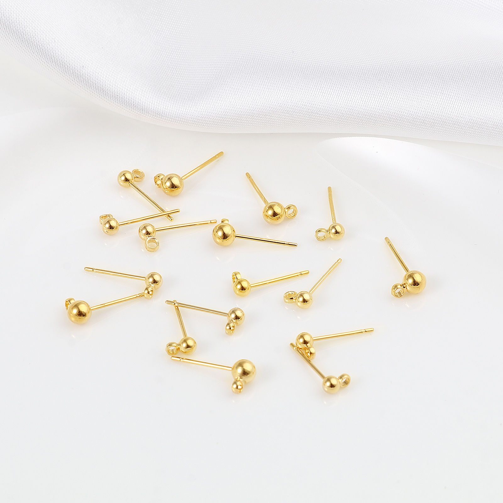 Picture of Brass Ear Post Stud Earrings 18K Real Gold Plated Ball W/ Loop Post/ Wire Size: (21 gauge), 10 PCs