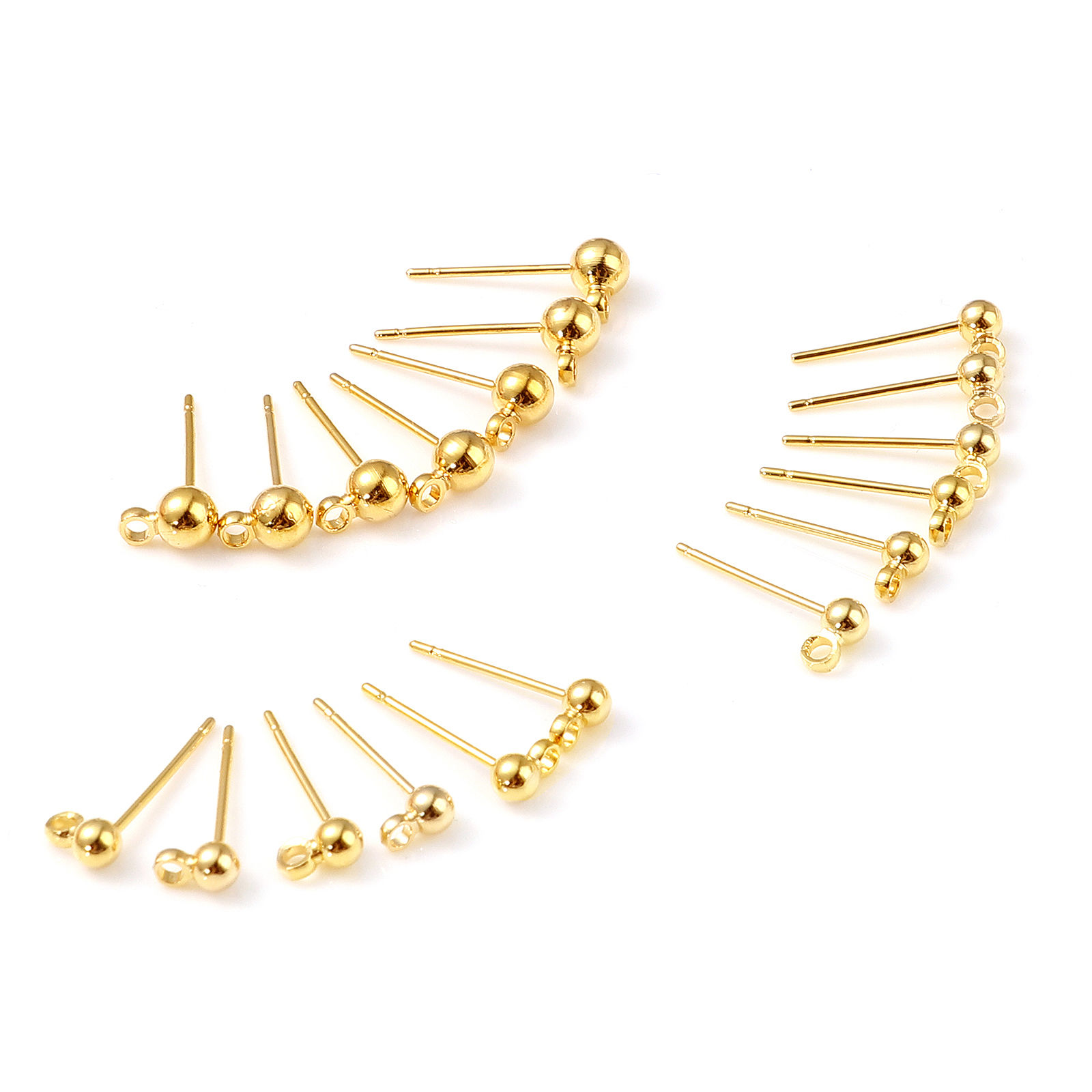 Picture of Brass Ear Post Stud Earrings 18K Real Gold Plated Ball W/ Loop Post/ Wire Size: (21 gauge), 10 PCs