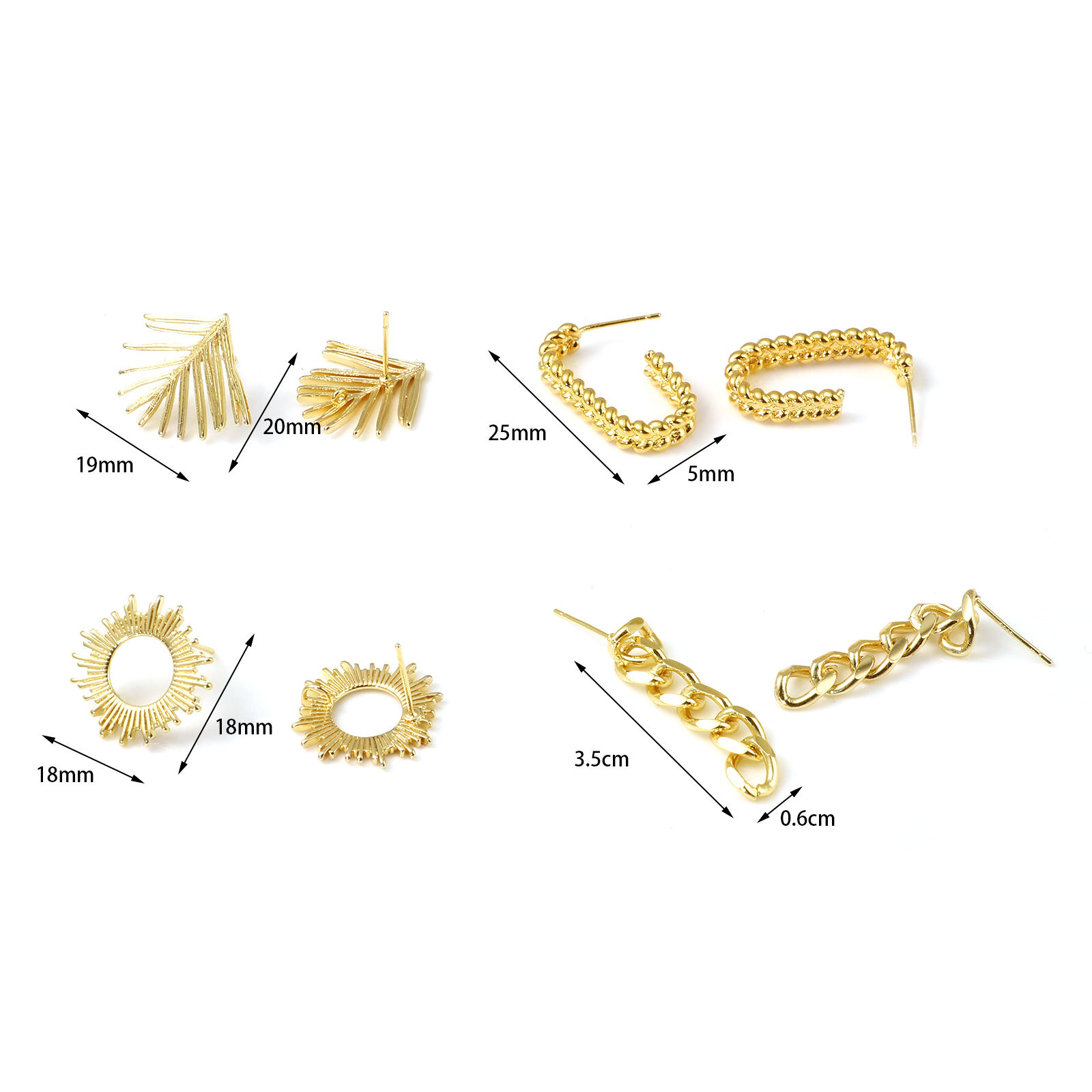 Picture of Brass Ear Post Stud Earrings 18K Real Gold Plated Post/ Wire Size: (21 gauge), 2 PCs