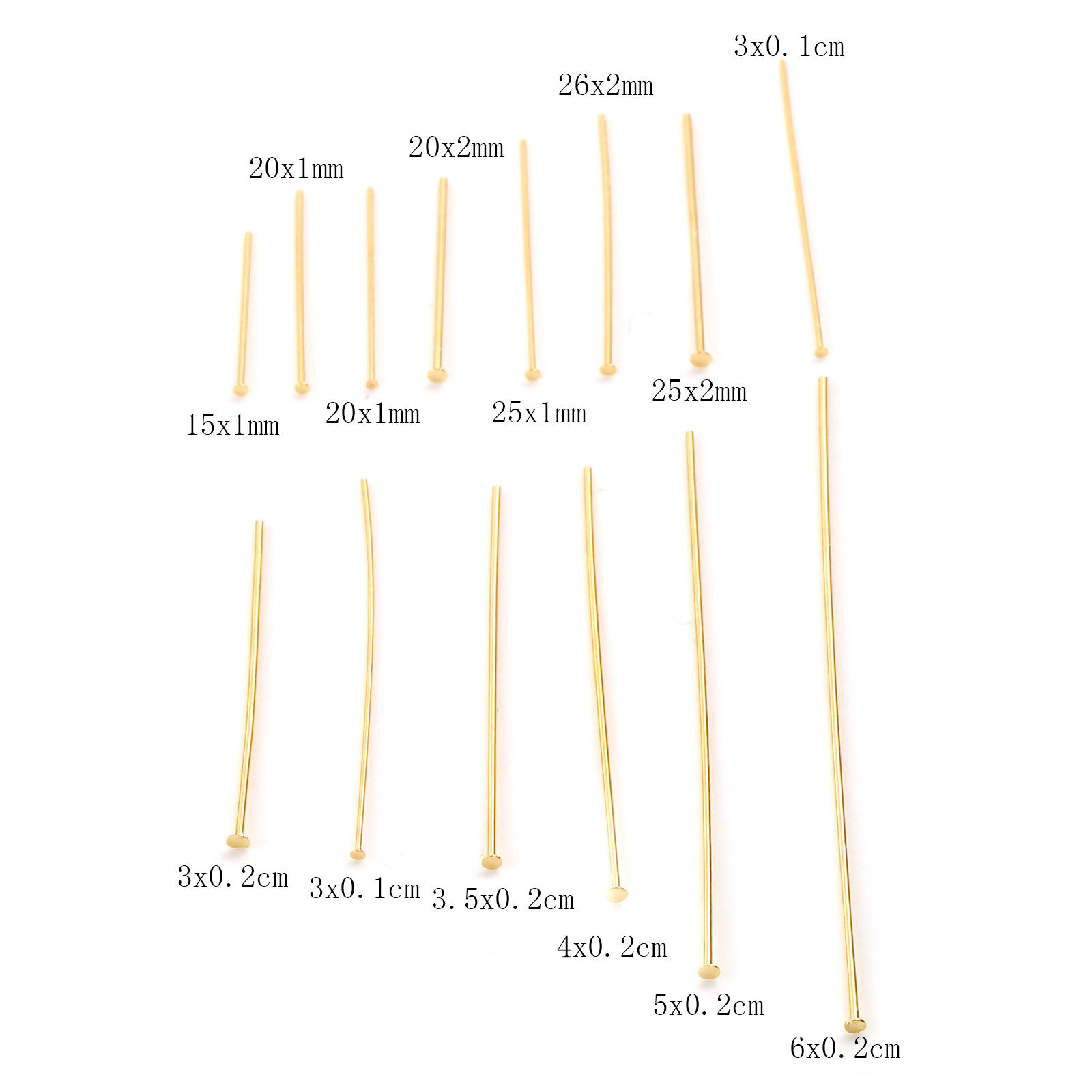 Image de Aiguilles Tiges à Tête Plate en Laiton Plaqué Or Véritable 18K 50 Pièces