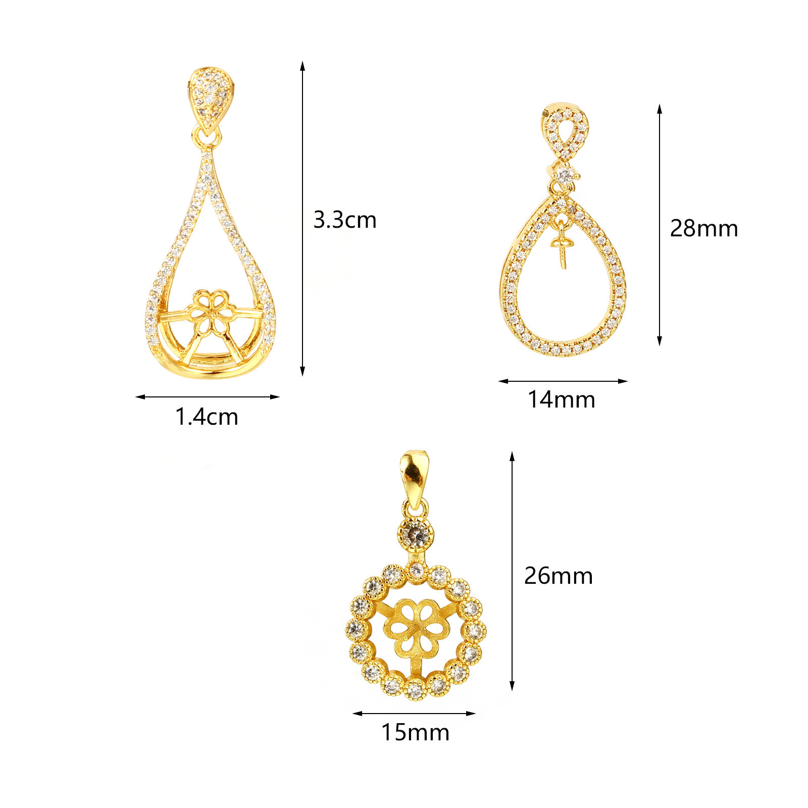 Picture of Brass Micro Pave Pearl Pendant Connector Bail Pin Cap 18K Real Gold Plated Clear Rhinestone 1 Piece