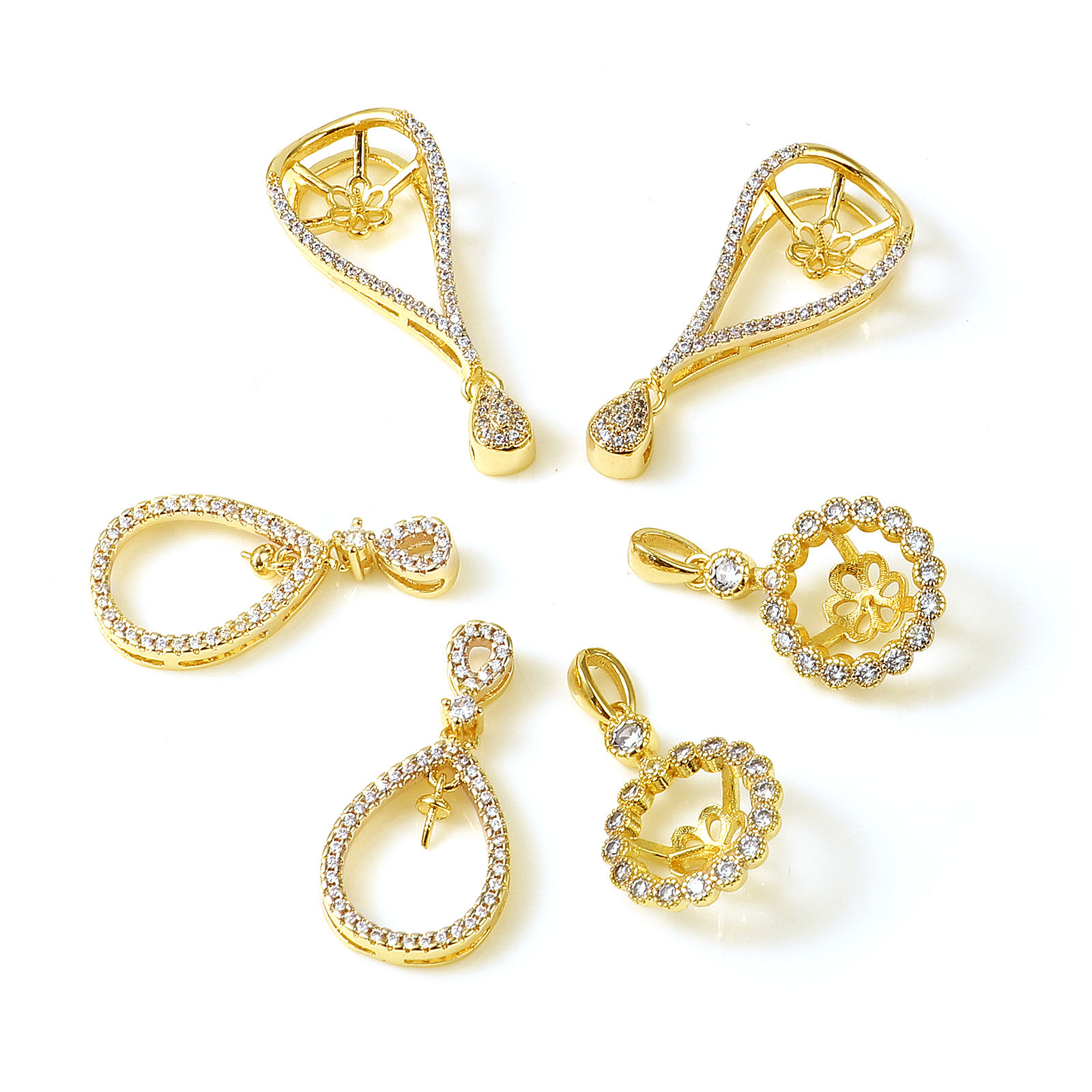 Picture of Brass Micro Pave Pearl Pendant Connector Bail Pin Cap 18K Real Gold Plated Clear Rhinestone 1 Piece