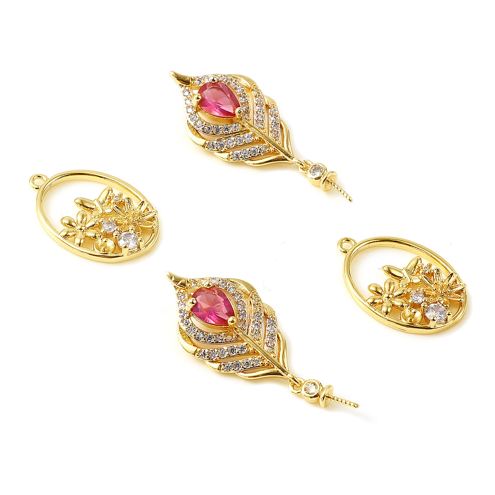 Imagen de Latón Micro Pave Colgante de Perlas Conector Bail Pin Cap 18K Oro Real Chapado Transparente Rhinestone 1 Unidad